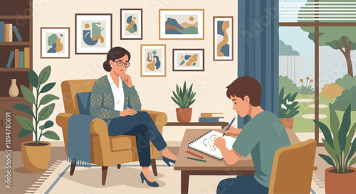 Art Therapist Observing Creative Process

A flat vector illustration of an art therapist observing a client’s artwork with empathy. Artwork displayed on table or wall. 