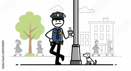 Police Officer Standing With Coffee Cup Next To Lamppost With Dog.