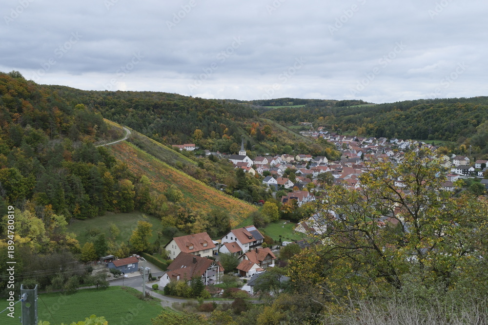 Fototapeta premium Blick auf das Weindorf Ramsthal und seine Weinberge, Landkreis Bad Kissingen, Franken, Unterfranken, Bayern, Deutschland