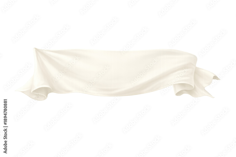 Naklejka premium Flying white fabric banner showing a flowing empty textile scroll or flag rippling in the wind, isolated with a transparent background