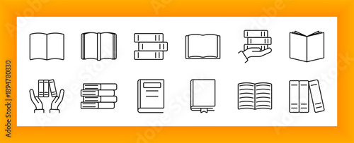 Book set icon. Opened, stacked, and held books drawn with outline showing reading, pages, libraries, hands, covers, and knowledge in varied layouts including single and grouped forms.