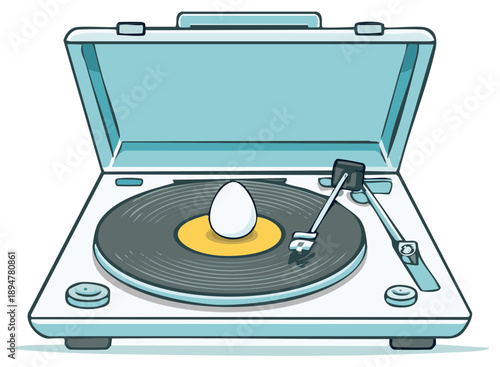 Egg on turntable vinyl record player with open case illustration