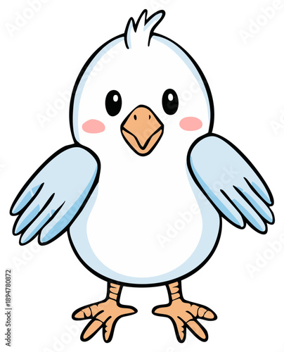 Cute cartoon illustration of a blue bird with pink cheeks and big eyes, on white