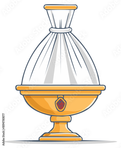 Ornate Golden Chalice with White Fabric Drape and Crimson Emblem Decorative Element