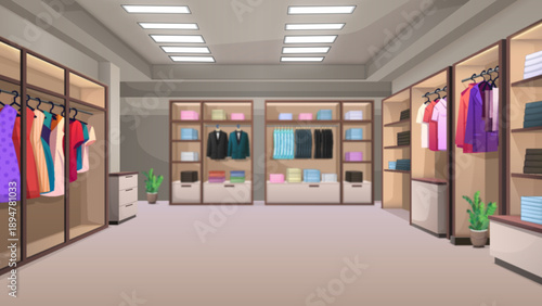 A clean and modern vector illustration of a fashion clothing store interior with neatly arranged racks, shelves, folded clothes, suits, t-shirts, and soft lighting. Ideal for use in e-commerce, retail