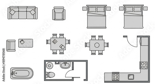 Collection of top down furniture and room layout icons.