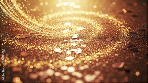Golden particles swirling in a glittering spiral pattern on a luxurious background from a close-up viewpoint