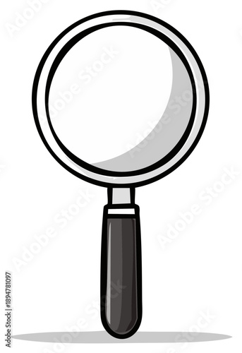 Simple cartoon illustration of a magnifying glass with a black handle and shadow