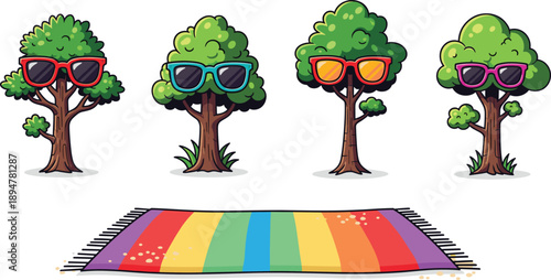 Funny cartoon trees wearing colorful sunglasses with rainbow beach mat, summer holiday illustration, playful outdoor design, nature character vector art