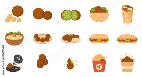 Falafel and Middle Eastern Cuisine Illustration Set: Chickpeas, Hummus, Wraps, and Sandwiches Icons Isolated on White Background