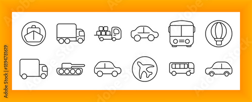 Transport set icon. Ship, truck, car, tank, hot air balloon, airplane, bus, delivery van, and stacked boxes shown as different vehicle types.