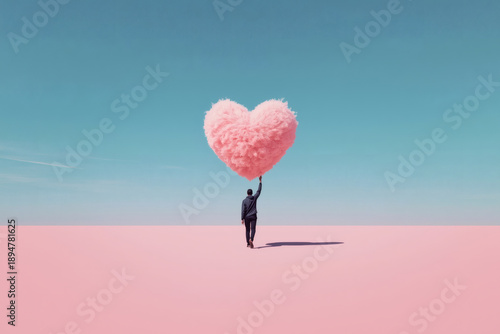 Valentine's Day. A surreal scene. A man in a black suit walks through a pink expanse under a blue sky. He holds a large, fluffy, pink heart in his hand.