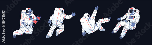 Spacemen set. Astronauts in spacesuits fly and fall in outer space. Cosmonauts in costumes with helmets and equipment are soaring in cosmos. Interstellar flight. Flat isolated vector illustrations