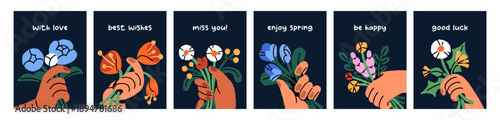 Greeting cards designs with flowers in hands set. Postcards with people holding bouquets of wildflowers. Festive templates with different posies and blooming meadow plants. Flat vector illustrations
