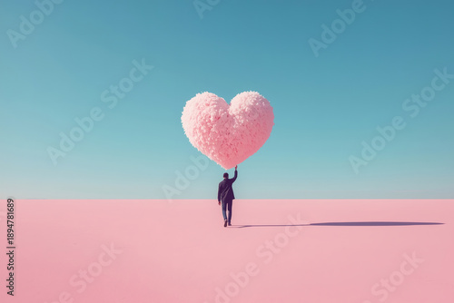 Valentine's Day. A surreal scene. A man in a black suit walks through a pink expanse under a blue sky. He holds a large, fluffy, pink heart in his hand.