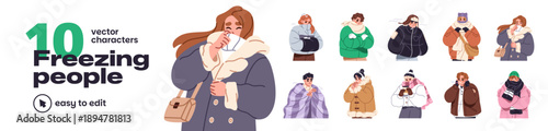 Freezing people in outerwear set. Men and women shiver for cold weather and wind. Frozen characters in winter clothes, coats, gloves for frost. Flat isolated vector illustrations on white background