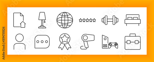 Hospitality and lifestyle set icon. Includes lamp, gym, bed, globe, speech bubble, reward badge, person, briefcase, chat, hairdryer, ribbon, and game controller symbols