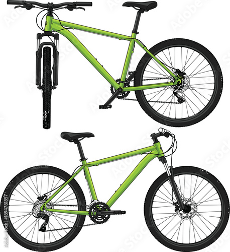 Green Mountain Bike Vector Illustration Showing Front and Side Views with Disc Brakes and Gear System for Outdoor Sports Design