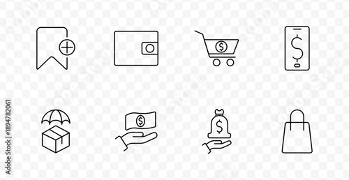 Shopping and payment set icon. Line icons include bookmark, wallet, cart, phone, package, money, hand, and bag for online retail, delivery, and financial transaction themes