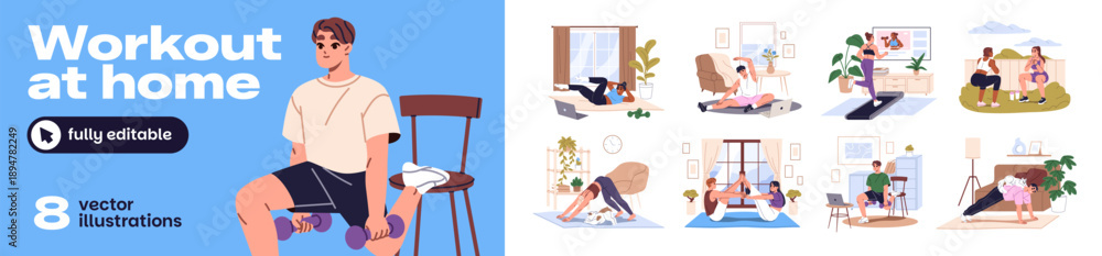 Obraz premium Home workout set. People are training with sports equipment. Men and women practice yoga poses, physical exercises and stretch. Characters do fitness. Flat isolated vector illustrations on white