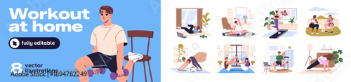 Home workout set. People are training with sports equipment. Men and women practice yoga poses, physical exercises and stretch. Characters do fitness. Flat isolated vector illustrations on white