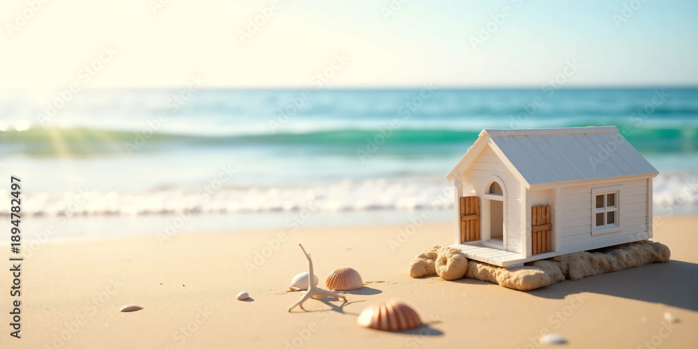 Naklejka premium Miniature Beach House Concept on a Coastal Landscape Representing Seaside Living, Vacation Property, Real Estate Investment, Sustainable Lifestyle, and the Dream of a Relaxed Home by the Ocean