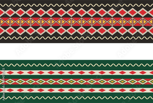 Traditional Slavic, Balkan, Bulgarian decorative border seamless vector series. Ornamental motifs for folklore costume, clothing, textile, embroidery, damask, craft knitting, sewing. Cultural heritage