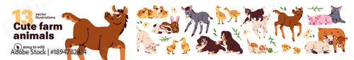 Cute baby farm animals set. Funny kids of livestock. Calves, puppies, kittens, chicken, ducklings, lamb and little horse play and have fun. Flat isolated vector illustrations on white background