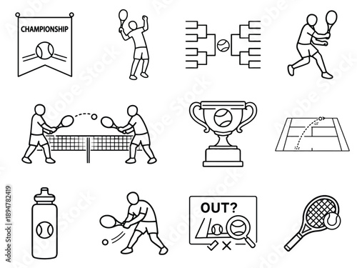 Tennis Championship Line Icon Set with Tournament Bracket, Trophy, Players, Court, Racket and Match Elements