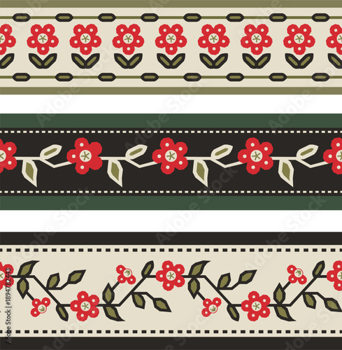 Traditional Slavic, Balkan, Bulgarian decorative frieze seamless vector series. Ornamental motifs for folklore costume, clothing, textile, embroidery, damask, craft knitting, sewing. Cultural heritage