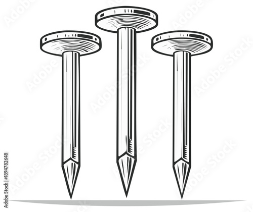 Three sharp metal nails standing upright with pointed tips and wide flat heads isolated on white