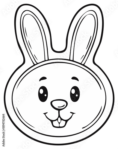 Cute cartoon rabbit head with a happy smile for a children's coloring book page