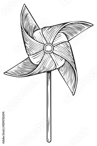 Vintage hand-drawn pinwheel illustration with intricate line art and classic children's toy design