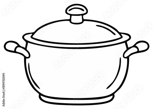Simple outline drawing of a kitchen cooking pot with a lid and two side handles, essential cookware.
