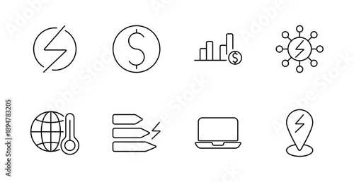 Energy set icon. Electricity, dollar, graph, connection, global temperature, direction, computer, pin, digital economy, energy source, climate, consumption, cost.