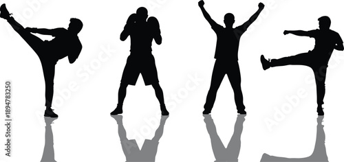PrintMartial Arts Silhouette Vector of Fighters in Kickboxing Poses, Boxing Stance, Victory Gesture, Combat Training, Black Isolated Illustration