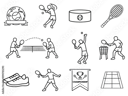 Tennis Sports Club Line Icon Set Players, Scoreboard, Court, Tickets, Ball Basket, Match Elements
