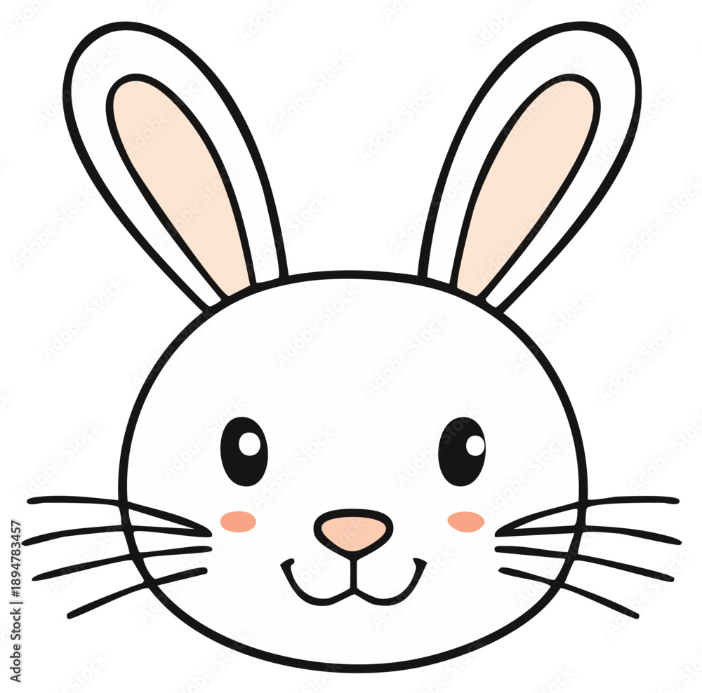 Fototapeta premium Adorable cartoon white rabbit head with long ears, pink cheeks, and a happy smile