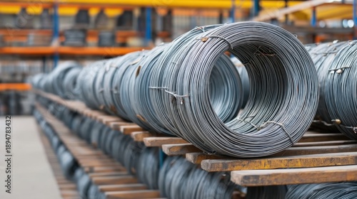 Steel Wire Rolls Close Up on Shelves for Industrial or Construction Use in Warehouse Environment