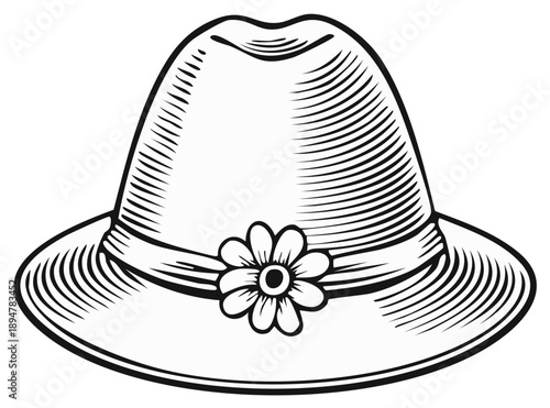 Vintage Fedora Hat with Flower Accent Detailed Line Art