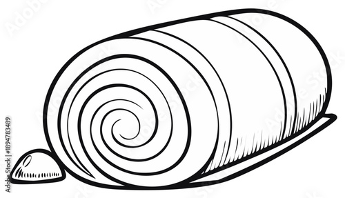 Rolled up sleeping mat with pillow on side outlined in black and white for camping