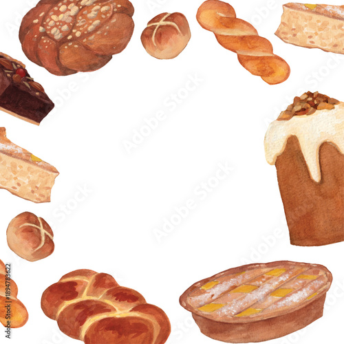 Watercolor Easter pastry background with assorted traditional desserts, hand painted bakery composition with copy space for holiday design