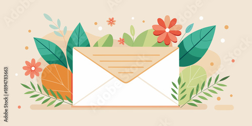 Light envelope with place for text and flowers on a light wooden background
