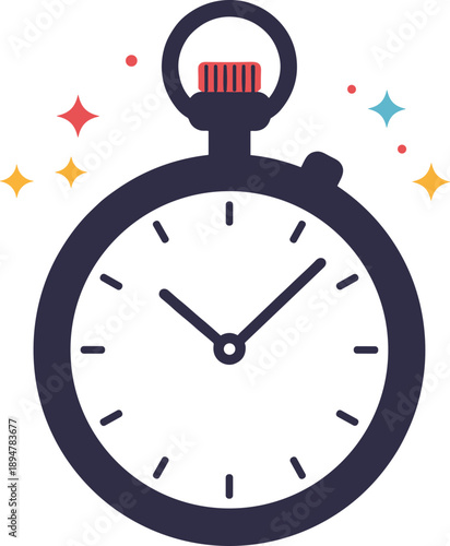 Colorful Stopwatch Icon with Sparkles Showing 10:10 Time, Isolated Vector Illustration for Time Management, Sports, and Celebration Concepts