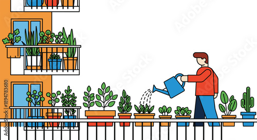 Man watering balcony plants in urban apartment garden with potted greenery, cactus, and home gardening lifestyle illustration for sustainability