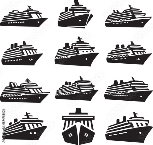 Set of 12 Minimalist Cruise Ship Vectors for Travel and Tourism Designs