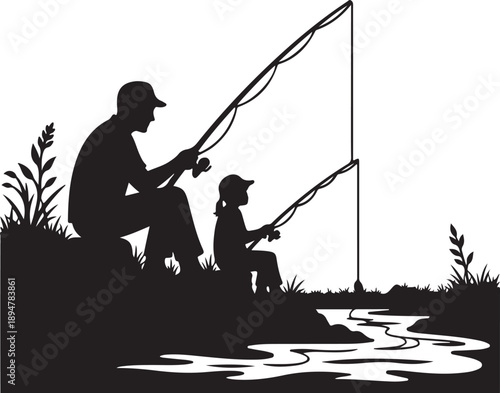 Father and son fishing together by the riverbank peacefully