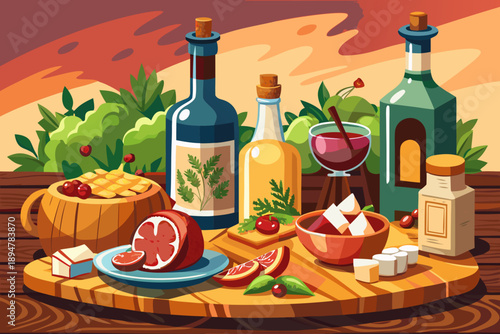 Bottles of rakia and wine with charcuterie meats cheese and fresh salad on rustic wooden table traditional Balkan dining food scene.