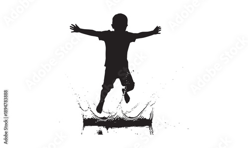 Silhouette of a child jumping into water, creating a large splash, pure excitement.