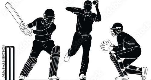 Cricket Player Silhouette Vector Set  Batsman, Bowler, and Wicket Keeper